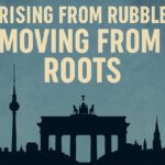 “Rise from the Rubble, Move from the Roots,” showing ruins transforming into growing roots and symbols of community resilience.
