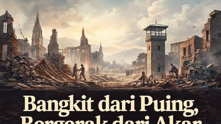 “Bangkit dari Puing, Bergerak dari Akar” yang menampilkan siluet reruntuhan Berlin, akar-akar yang tumbuh dari bawah, dan simbol kebangkitan lokal Indonesia.