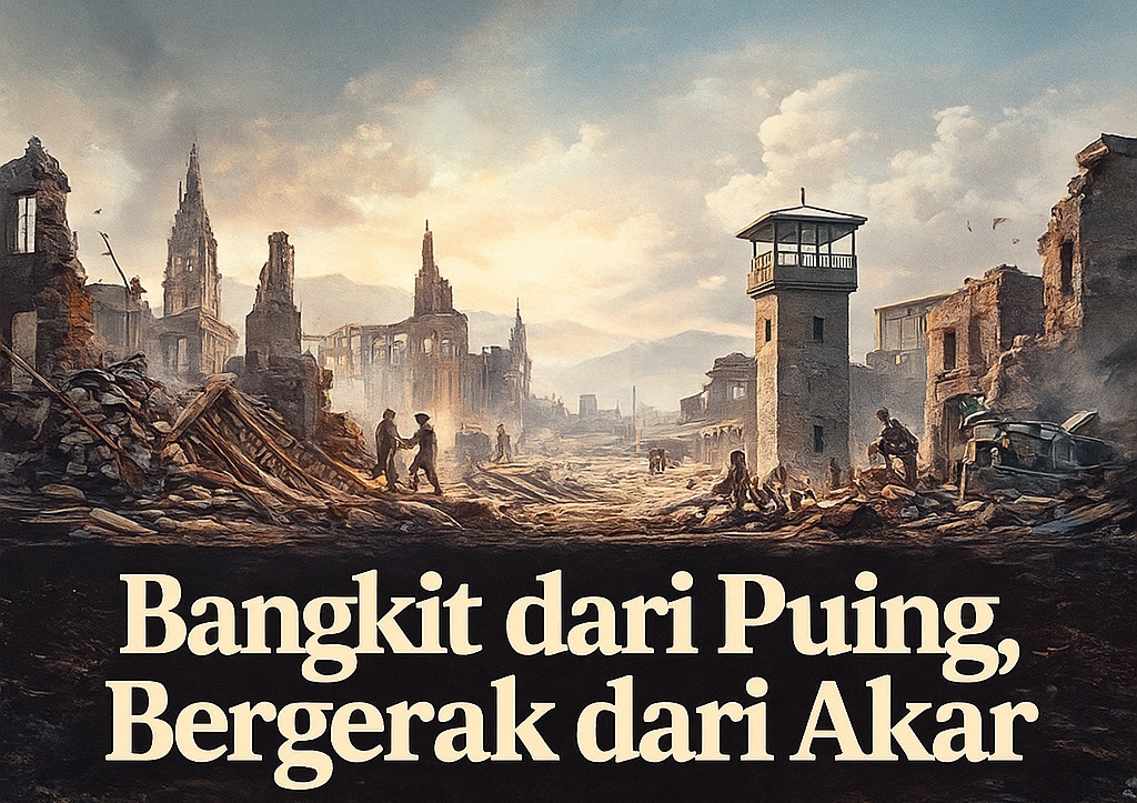 āBangkit dari Puing, Bergerak dari Akarā yang menampilkan siluet reruntuhan Berlin, akar-akar yang tumbuh dari bawah, dan simbol kebangkitan lokal Indonesia.