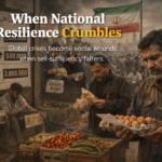 Iranian residents at a traditional market calculate soaring food prices, set against a somber urban backdrop and the Iranian flag, illustrating the impact of the economic crisis and geopolitical pressure on everyday life.