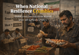 Iranian residents at a traditional market calculate soaring food prices, set against a somber urban backdrop and the Iranian flag, illustrating the impact of the economic crisis and geopolitical pressure on everyday life.