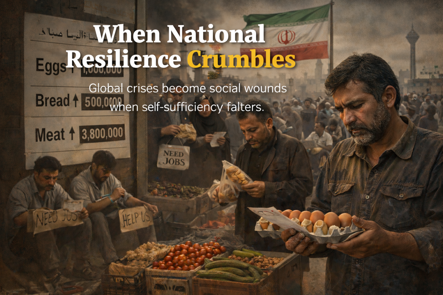 Iranian residents at a traditional market calculate soaring food prices, set against a somber urban backdrop and the Iranian flag, illustrating the impact of the economic crisis and geopolitical pressure on everyday life.