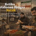 Warga Iran di pasar tradisional menghitung harga pangan yang melonjak, dengan latar suasana kota yang suram dan bendera Iran, menggambarkan dampak krisis ekonomi dan tekanan geopolitik terhadap kehidupan sehari-hari.