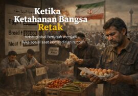 Warga Iran di pasar tradisional menghitung harga pangan yang melonjak, dengan latar suasana kota yang suram dan bendera Iran, menggambarkan dampak krisis ekonomi dan tekanan geopolitik terhadap kehidupan sehari-hari.