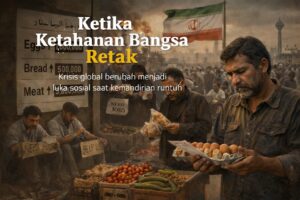 Warga Iran di pasar tradisional menghitung harga pangan yang melonjak, dengan latar suasana kota yang suram dan bendera Iran, menggambarkan dampak krisis ekonomi dan tekanan geopolitik terhadap kehidupan sehari-hari.