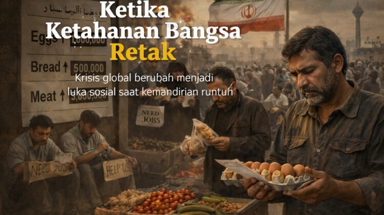 Warga Iran di pasar tradisional menghitung harga pangan yang melonjak, dengan latar suasana kota yang suram dan bendera Iran, menggambarkan dampak krisis ekonomi dan tekanan geopolitik terhadap kehidupan sehari-hari.