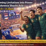 Illustration of Indonesia’s futsal team celebrating a 5–3 victory over Japan at Indonesia Arena.