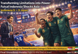 Illustration of Indonesia’s futsal team celebrating a 5–3 victory over Japan at Indonesia Arena.
