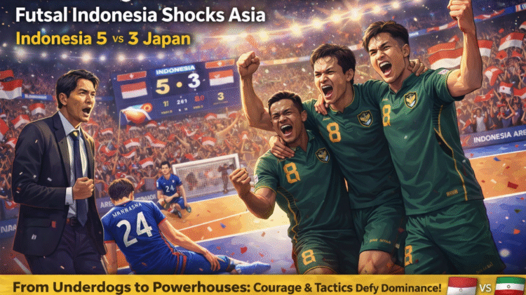 Illustration of Indonesia’s futsal team celebrating a 5–3 victory over Japan at Indonesia Arena.