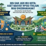 Infografis strategi transformasi IKN menjadi Pusat Teknologi Siber dan Riset Energi Nasional dengan narasi penyelamatan aset rakyat 150 Triliun.
