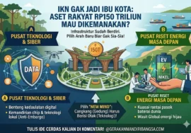 Infografis strategi transformasi IKN menjadi Pusat Teknologi Siber dan Riset Energi Nasional dengan narasi penyelamatan aset rakyat 150 Triliun.