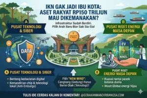 Infografis strategi transformasi IKN menjadi Pusat Teknologi Siber dan Riset Energi Nasional dengan narasi penyelamatan aset rakyat 150 Triliun.