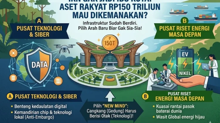 Infografis strategi transformasi IKN menjadi Pusat Teknologi Siber dan Riset Energi Nasional dengan narasi penyelamatan aset rakyat 150 Triliun.