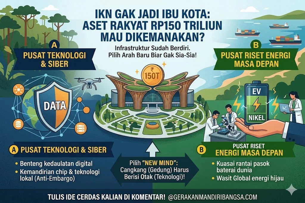 Infografis strategi transformasi IKN menjadi Pusat Teknologi Siber dan Riset Energi Nasional dengan narasi penyelamatan aset rakyat 150 Triliun.