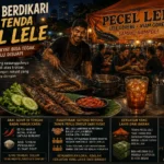suasana tenda pecel lele di malam hari dengan penjual sedang menggoreng lele, meja penuh hidangan pecel lele dan sambal, serta pelanggan yang ramai menikmati makan malam. Desain bergaya sinematik bernuansa hangat menampilkan pesan tentang kemandirian rakyat, gotong royong, dan kekuatan ekonomi akar rumput di Indonesia.