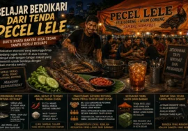 suasana tenda pecel lele di malam hari dengan penjual sedang menggoreng lele, meja penuh hidangan pecel lele dan sambal, serta pelanggan yang ramai menikmati makan malam. Desain bergaya sinematik bernuansa hangat menampilkan pesan tentang kemandirian rakyat, gotong royong, dan kekuatan ekonomi akar rumput di Indonesia.
