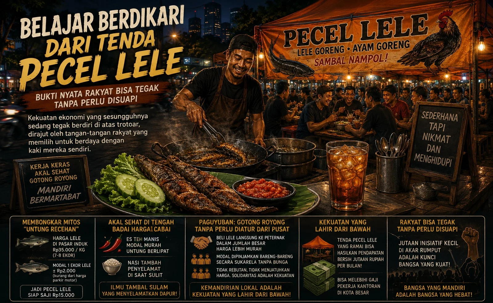 suasana tenda pecel lele di malam hari dengan penjual sedang menggoreng lele, meja penuh hidangan pecel lele dan sambal, serta pelanggan yang ramai menikmati makan malam. Desain bergaya sinematik bernuansa hangat menampilkan pesan tentang kemandirian rakyat, gotong royong, dan kekuatan ekonomi akar rumput di Indonesia.