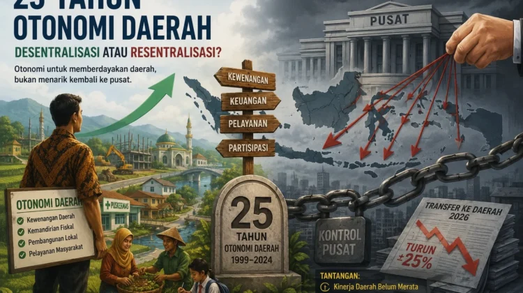 Refleksi 25 tahun otonomi daerah di Indonesia. Mengulas tantangan desentralisasi, ketergantungan fiskal, dan gejala resentralisasi menuju revisi UU Pemerintahan Daerah.